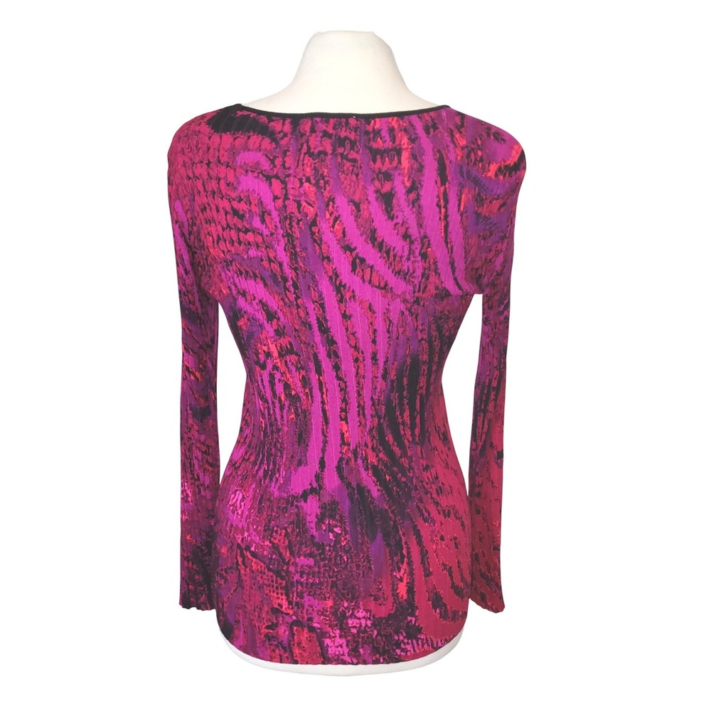 VTG Y2K Cache Fuchsia Black Abstract Ribbed Knit Slim Fit Full Zip Sweater M - Picture 3 of 7